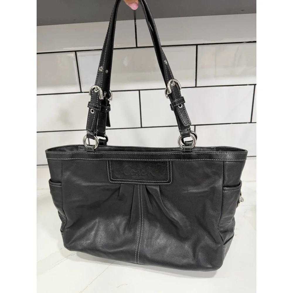 Coach Penelope Black Leather Pleated Shopper Tote Bag Silver Hardware